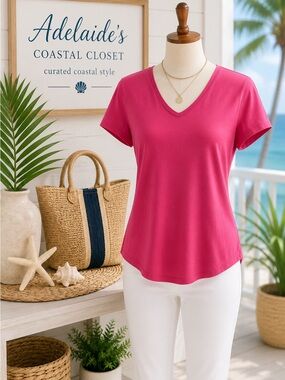 J. McLaughlin Terrine Tee Pink V-Neck Cotton Modal Stretch Top Size Large